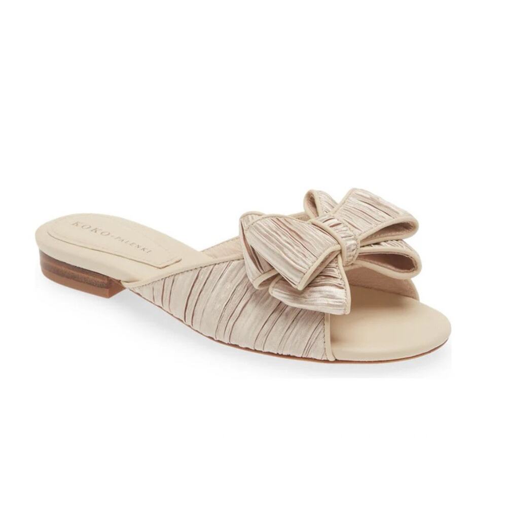 Koko + Palenki Champagne Satin Ruffled Dara Bow Slide Sandal Womens 7 Formal